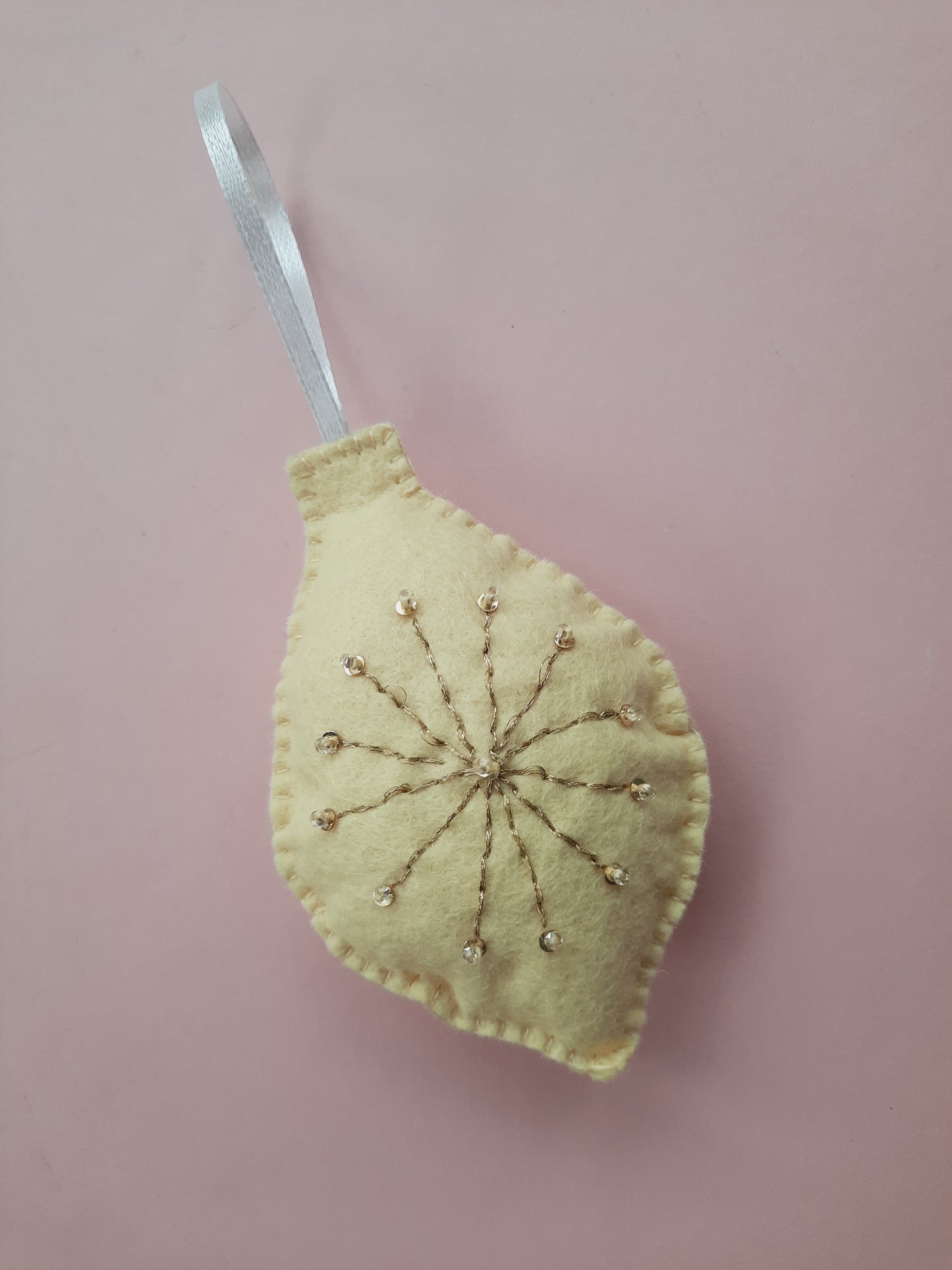Handmade Felt Christmas Tree Decoration - Egg Bauble Shaped with Gold Thread Detail