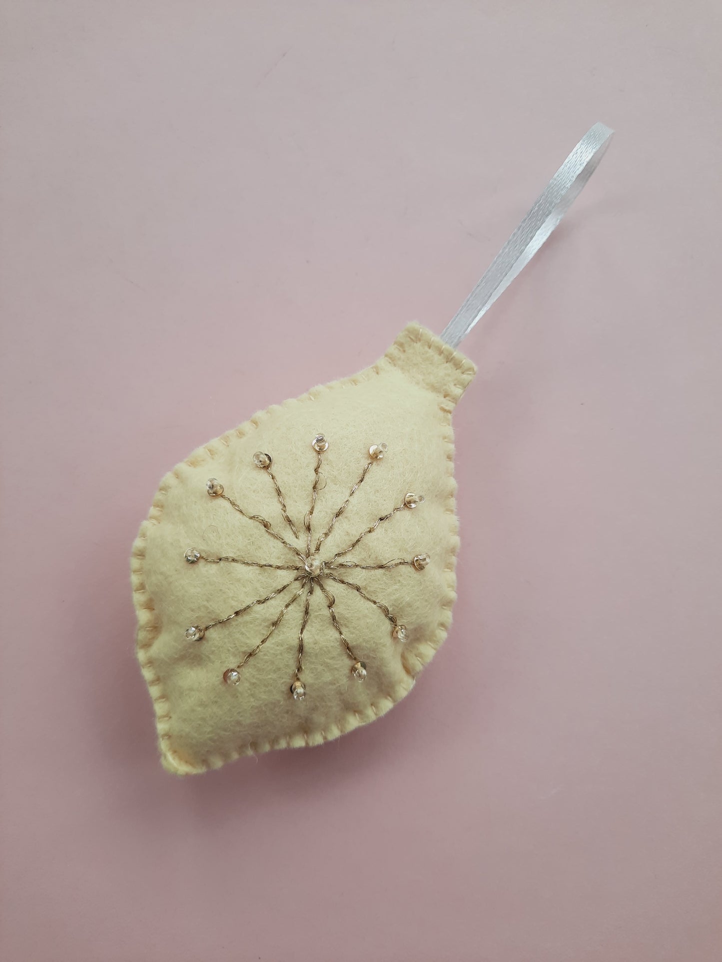Handmade Felt Christmas Tree Decoration - Egg Bauble Shaped with Gold Thread Detail