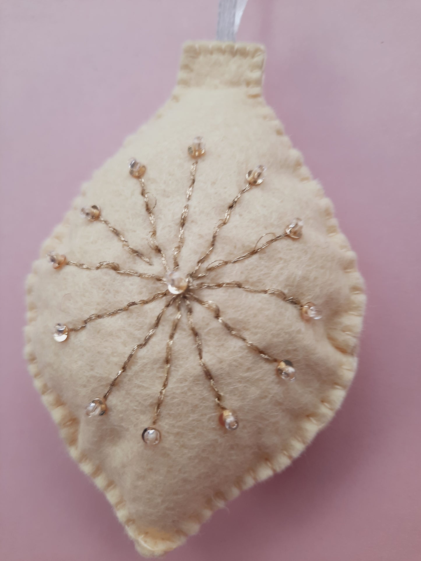 Handmade Felt Christmas Tree Decoration - Egg Bauble Shaped with Gold Thread Detail