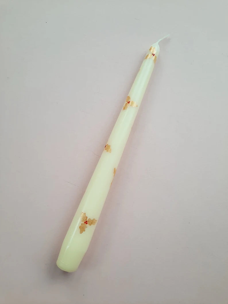Cream Taper Dinner Candle with Hand Painted Gold Christmas Holly Design