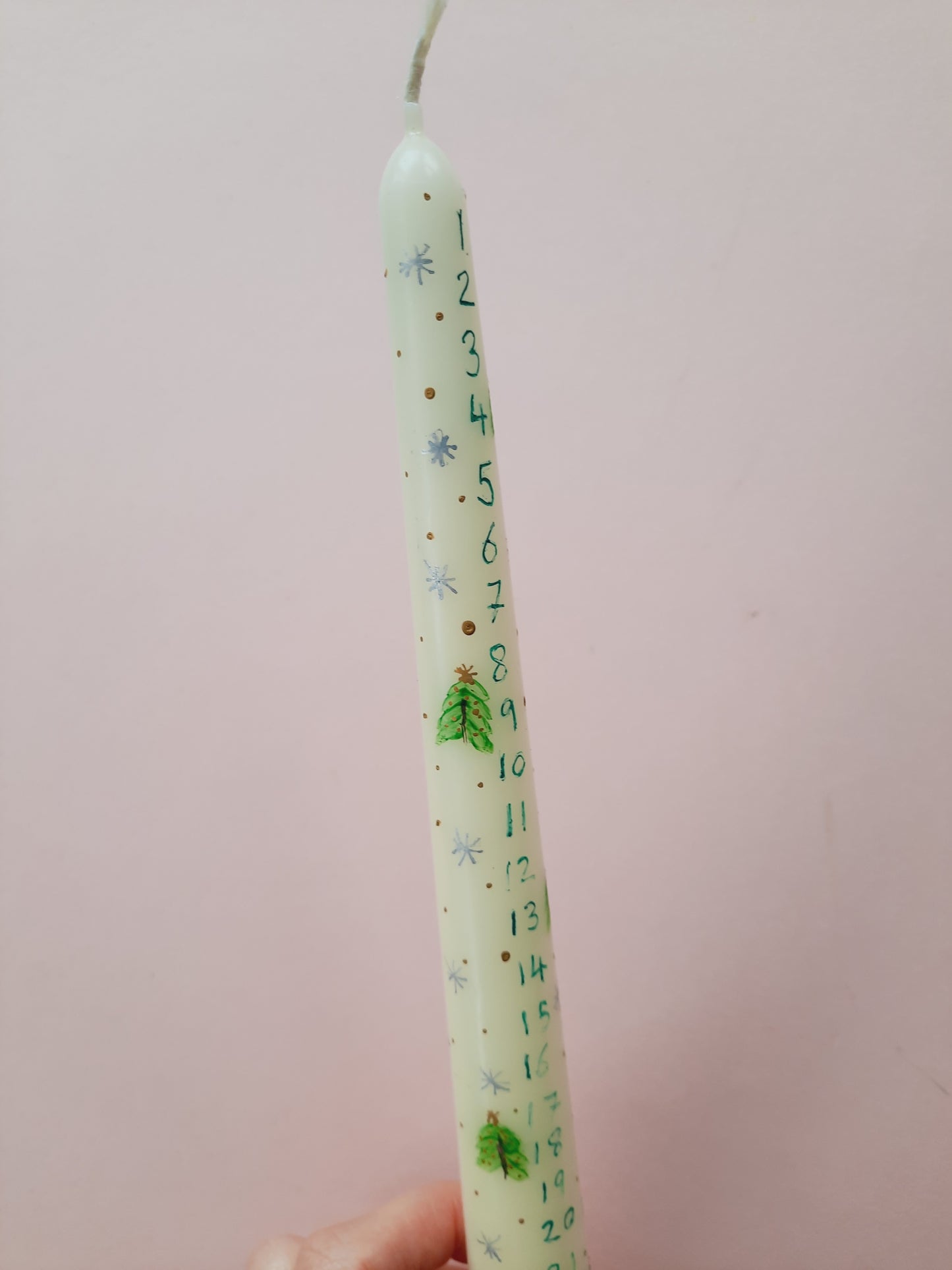 Cream Taper Dinner Candle with Hand Painted Advent Candle with Christmas Tree Design