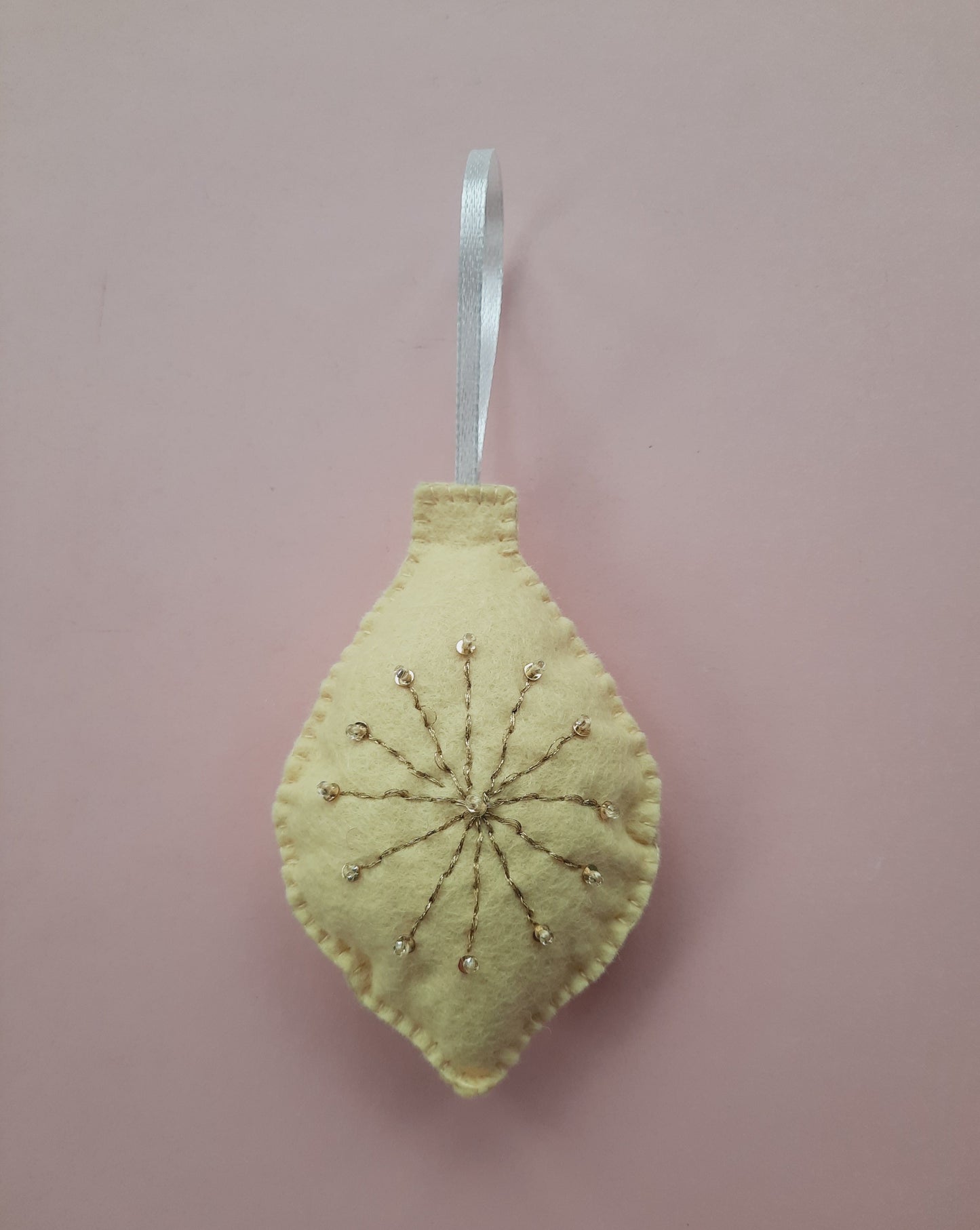 Handmade Felt Christmas Tree Decoration - Egg Bauble Shaped with Gold Thread Detail