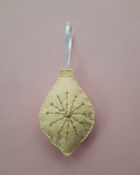 Handmade Felt Christmas Tree Decoration - Egg Bauble Shaped with Gold Thread Detail