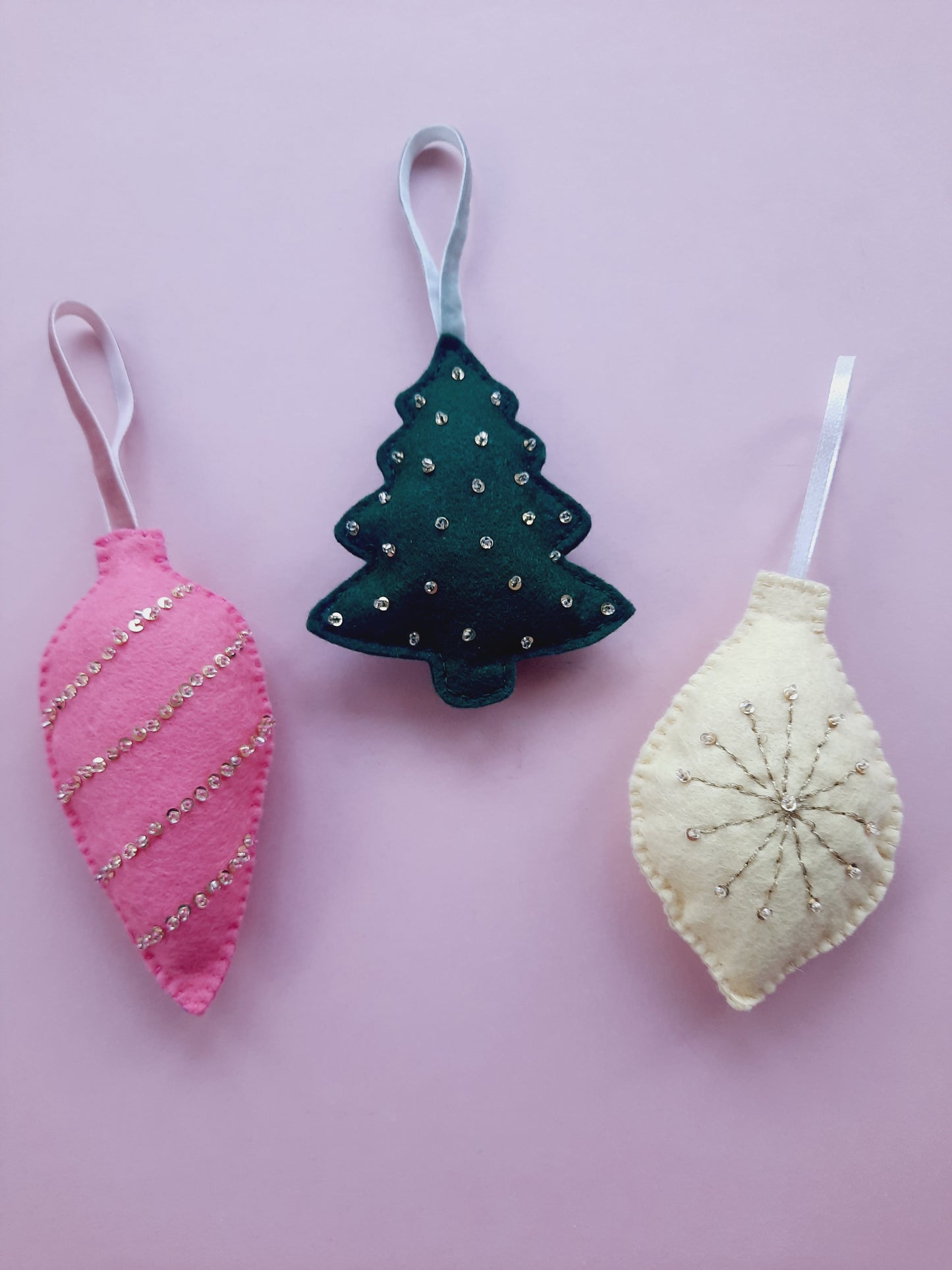 Handmade Felt Christmas Tree Decoration - Egg Bauble Shaped with Gold Thread Detail