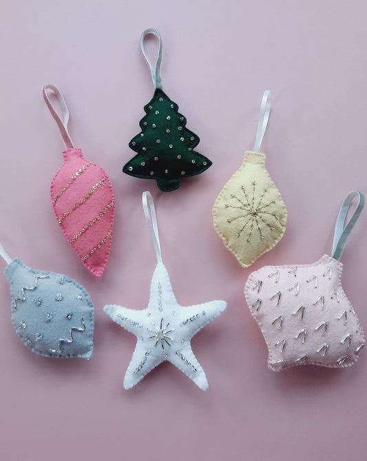 Handmade Felt Christmas Tree Decorations - Set of 6