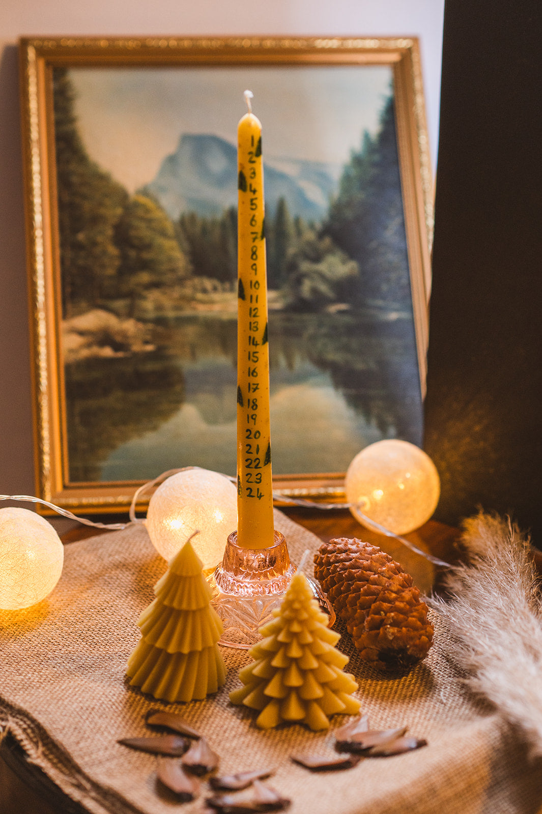  Hand Painted Beeswax Advent Christmas Candle with festive background