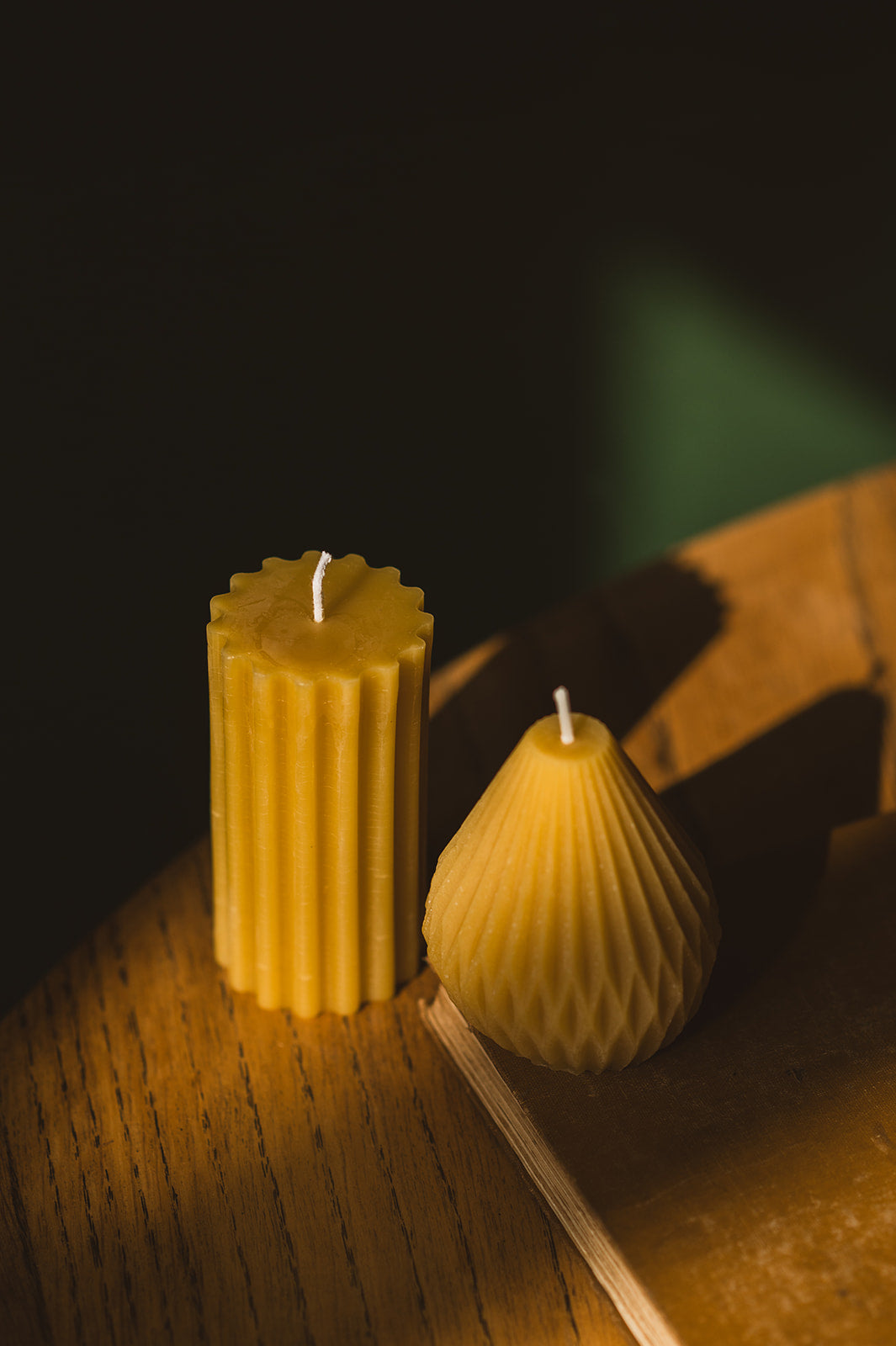 Geometric Pear Beeswax Candle and Classic Pillar Beeswax Candle