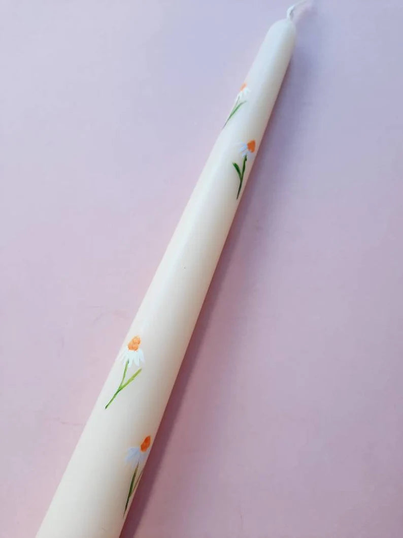 Hand Painted Spring Daisy Taper Dinner Candle