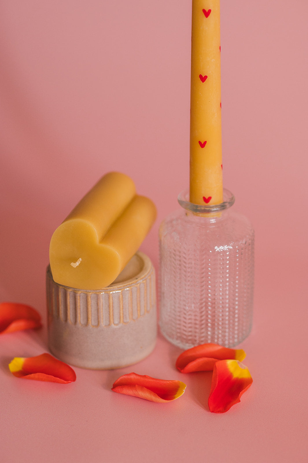 Hand Painted Strawberry Taper Beeswax Dinner Candle and Heart Shaped Pillar Beeswax Candle