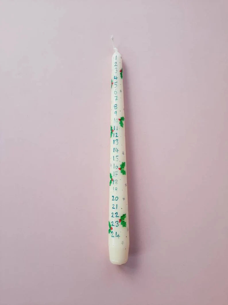 Cream Taper Dinner Candle with Hand Painted Advent Candle with Christmas Holly Design