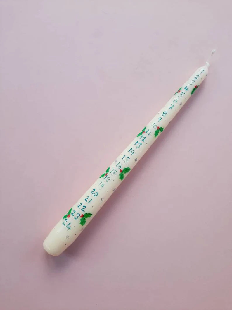 Cream Taper Dinner Candle with Hand Painted Advent Candle with Christmas Holly Design