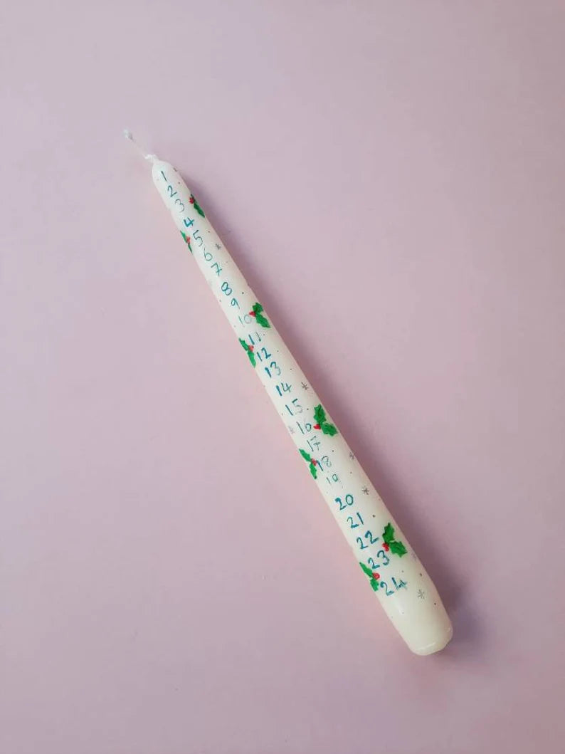 Cream Taper Dinner Candle with Hand Painted Advent Candle with Christmas Holly Design