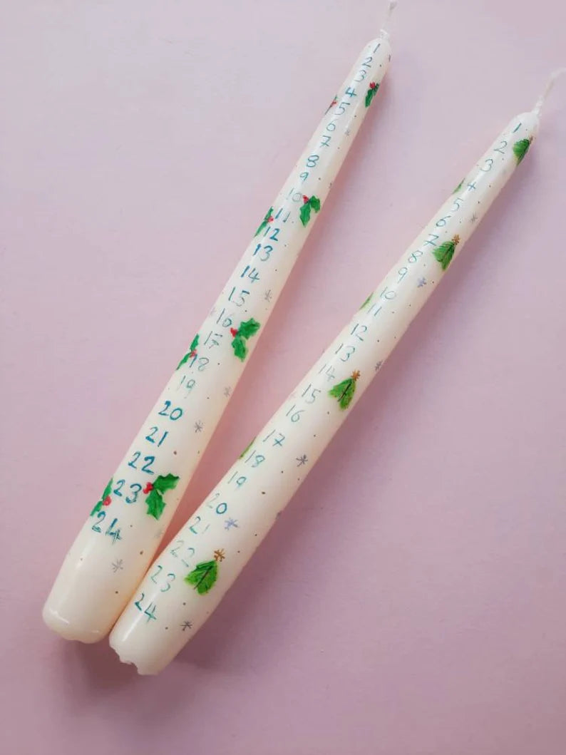 Cream Taper Dinner Candle with Hand Painted Advent Candle with Christmas Holly Design