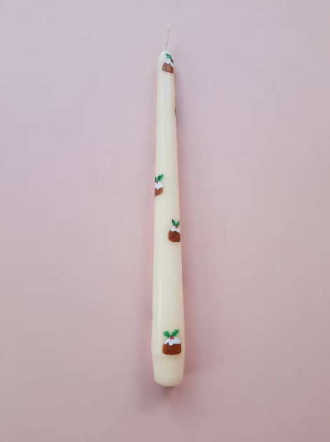 Cream Taper Dinner Candle with Hand Painted Christmas Pudding and Holly Design