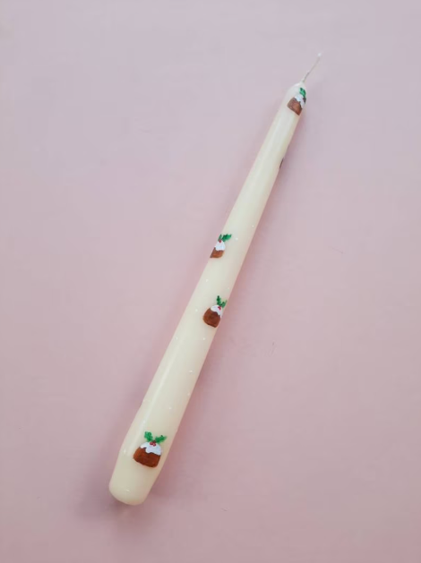 Cream Taper Dinner Candle with Hand Painted Christmas Pudding and Holly Design