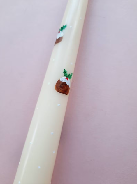 Cream Taper Dinner Candle with Hand Painted Christmas Pudding and Holly Design