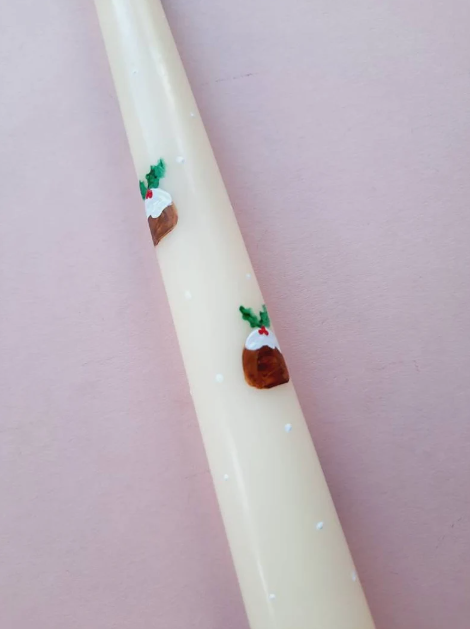 Cream Taper Dinner Candle with Hand Painted Christmas Pudding and Holly Design