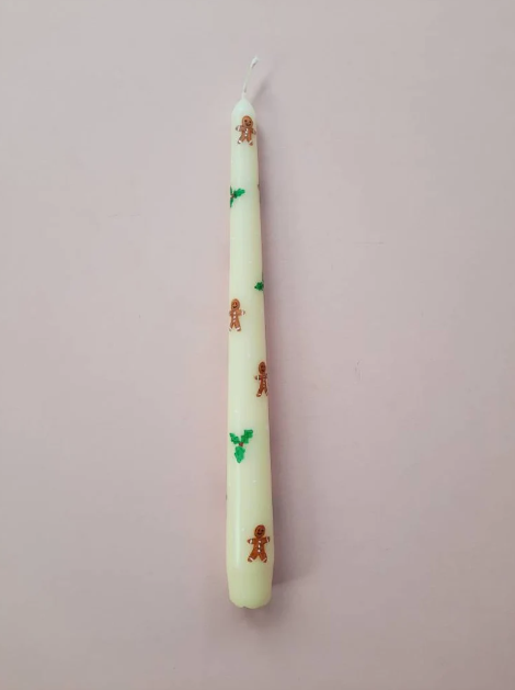 Cream Taper Dinner Candle with Hand Painted Christmas Gingerbread Men and Holly Design