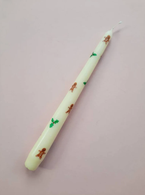 Cream Taper Dinner Candle with Hand Painted Christmas Gingerbread Men and Holly Design