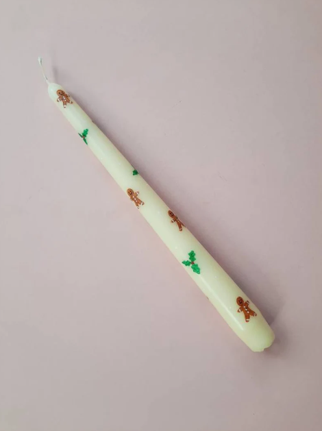 Cream Taper Dinner Candle with Hand Painted Christmas Gingerbread Men and Holly Design