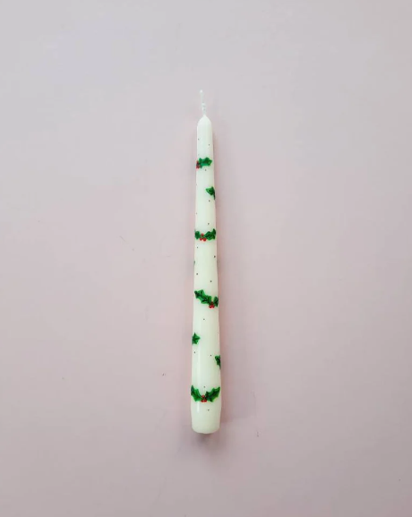 Cream Taper Dinner Candle with Hand Painted Christmas Holly Design