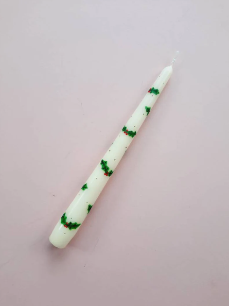 Cream Taper Dinner Candle with Hand Painted Christmas Holly Design