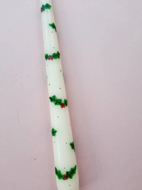 Cream Taper Dinner Candle with Hand Painted Christmas Holly Design