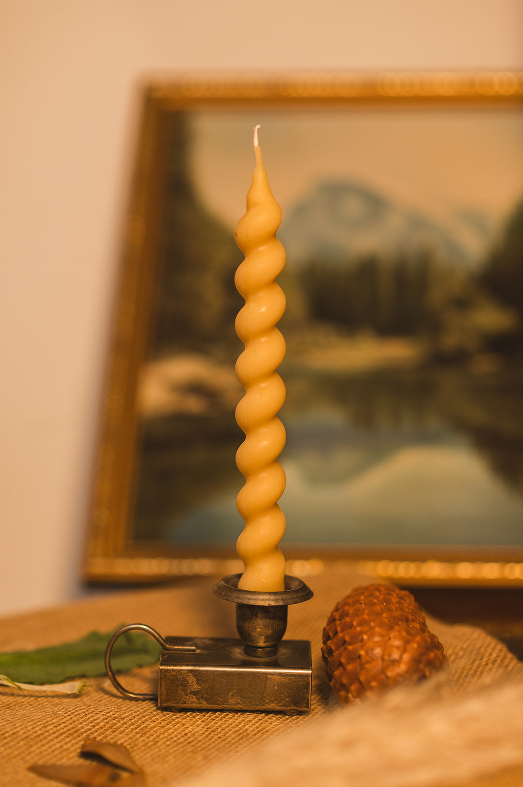 Spiral Beeswax Candle with Vintage Painting