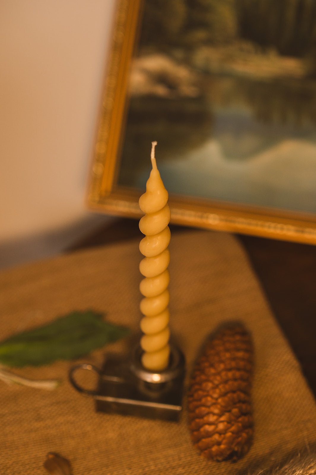 Spiral Beeswax Candle with Vintage Painting