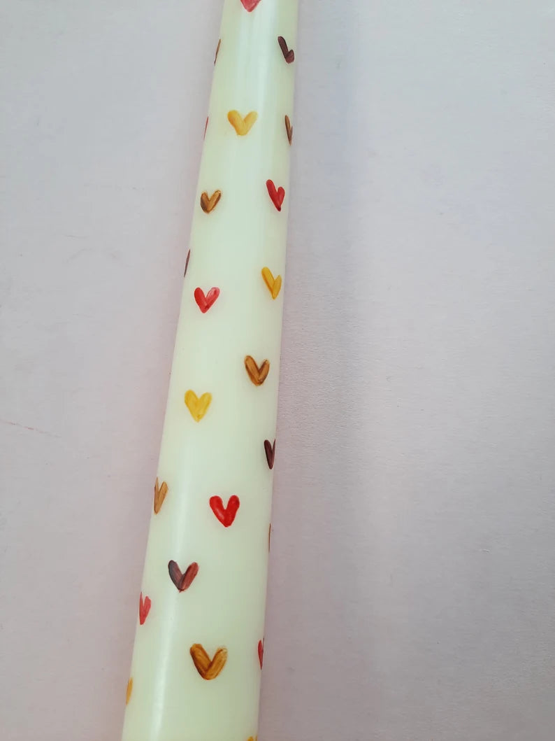 Hand Painted Autumn Coloured Love Heart Taper Dinner Candle