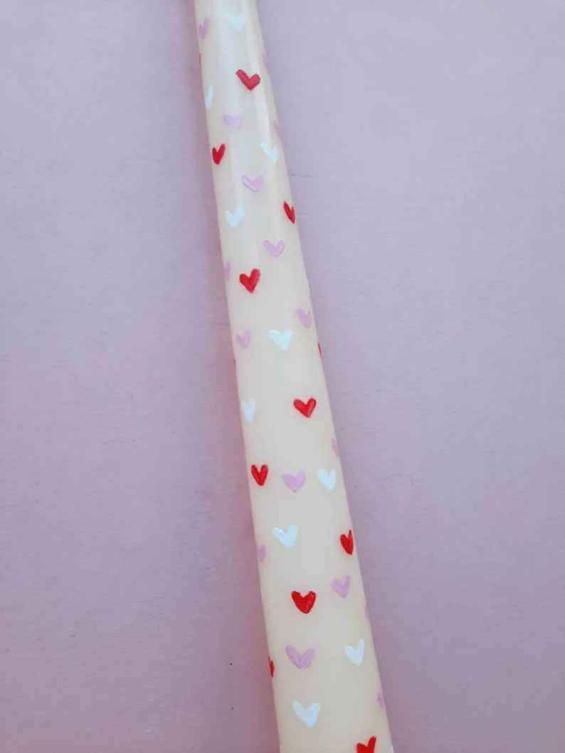 Hand Painted Red, Pink and White Love Heart Taper Dinner Candle