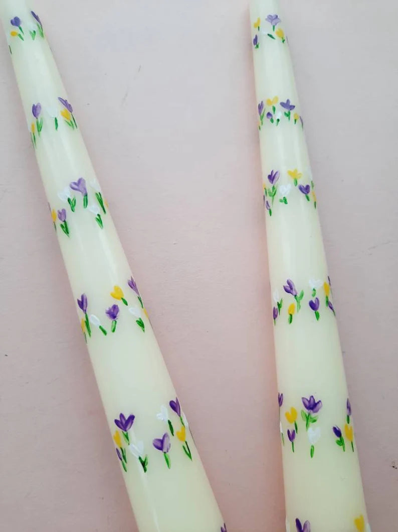 Hand Painted Crocus Flower Taper Dinner Candle