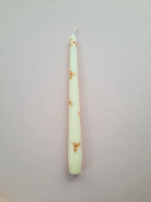 Cream Taper Dinner Candle with Hand Painted Gold Christmas Holly Design