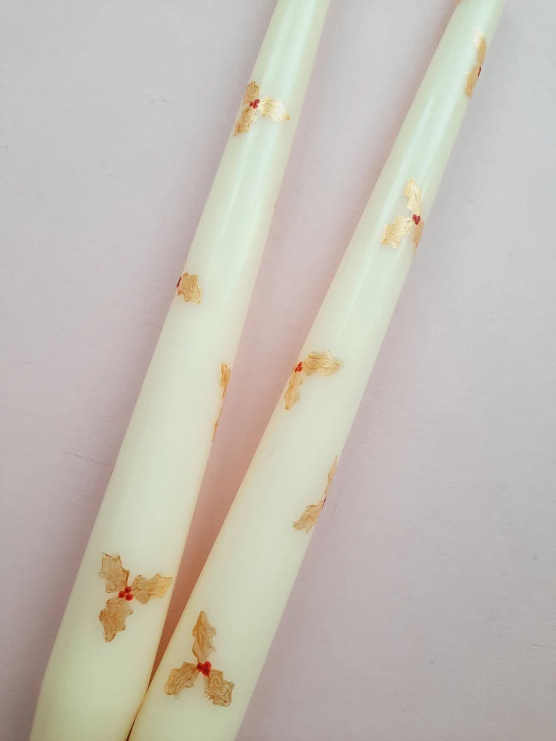 Cream Taper Dinner Candle with Hand Painted Gold Christmas Holly Design