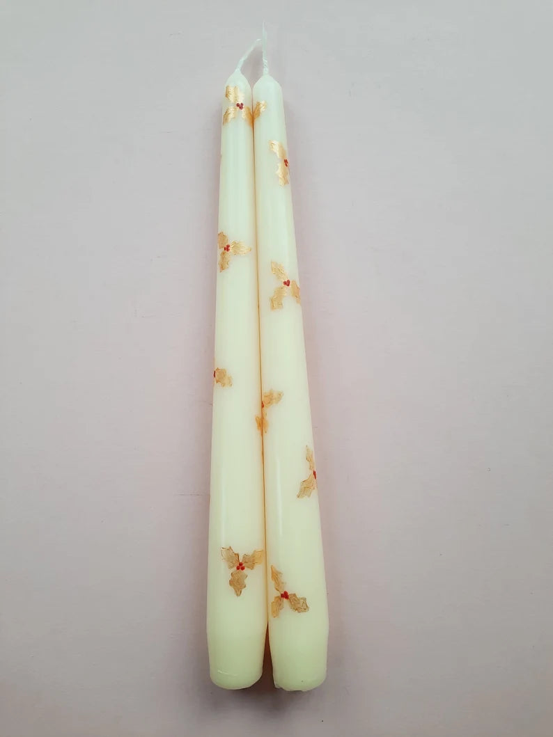 Cream Taper Dinner Candle with Hand Painted Gold Christmas Holly Design