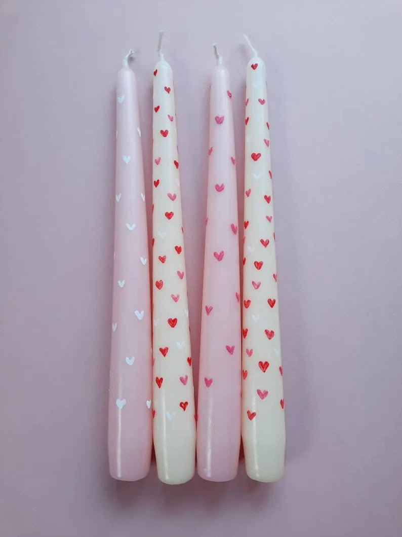 Hand Painted White Love Heart Taper Dinner Candle