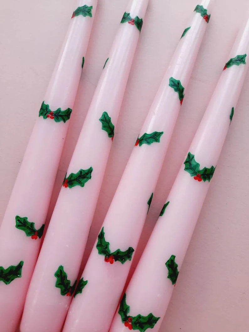 Pink Taper Dinner Candle with Hand Painted Christmas Holly Design