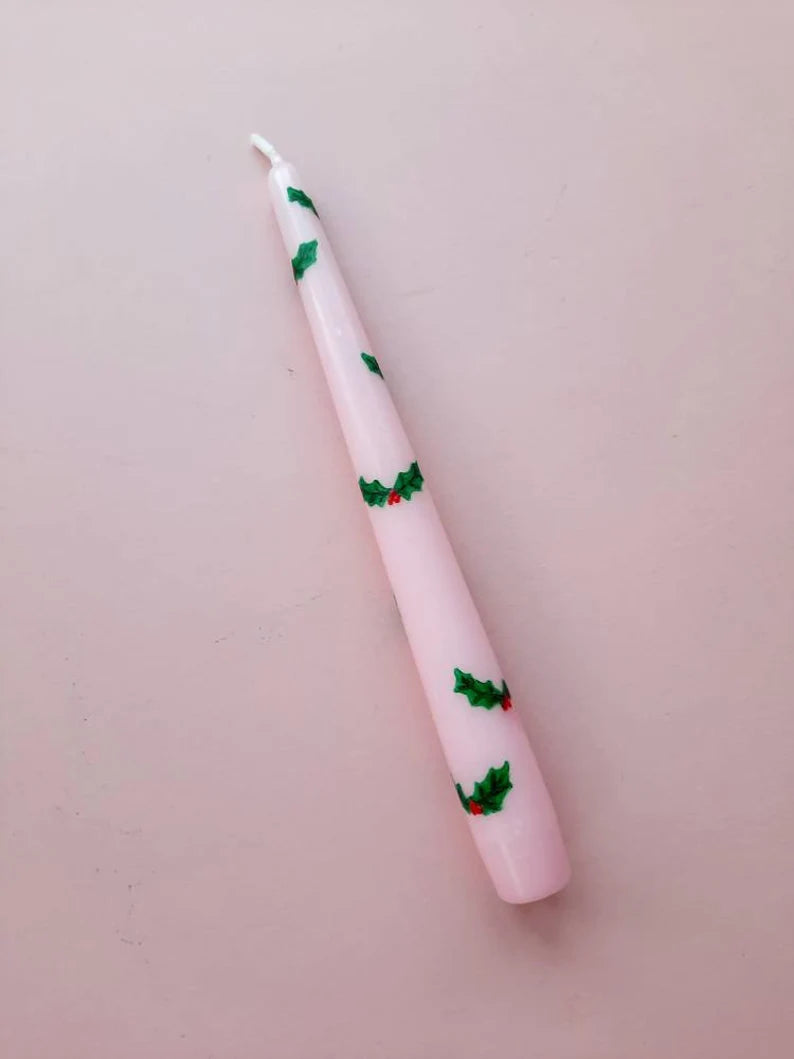 Pink Taper Dinner Candle with Hand Painted Christmas Holly Design