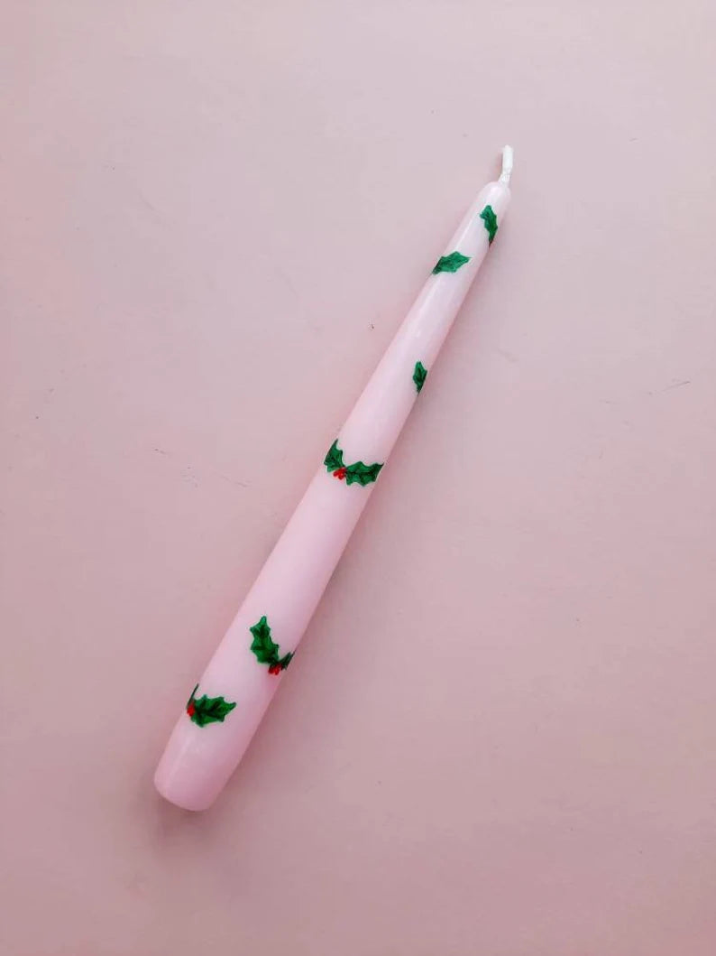 Pink Taper Dinner Candle with Hand Painted Christmas Holly Design