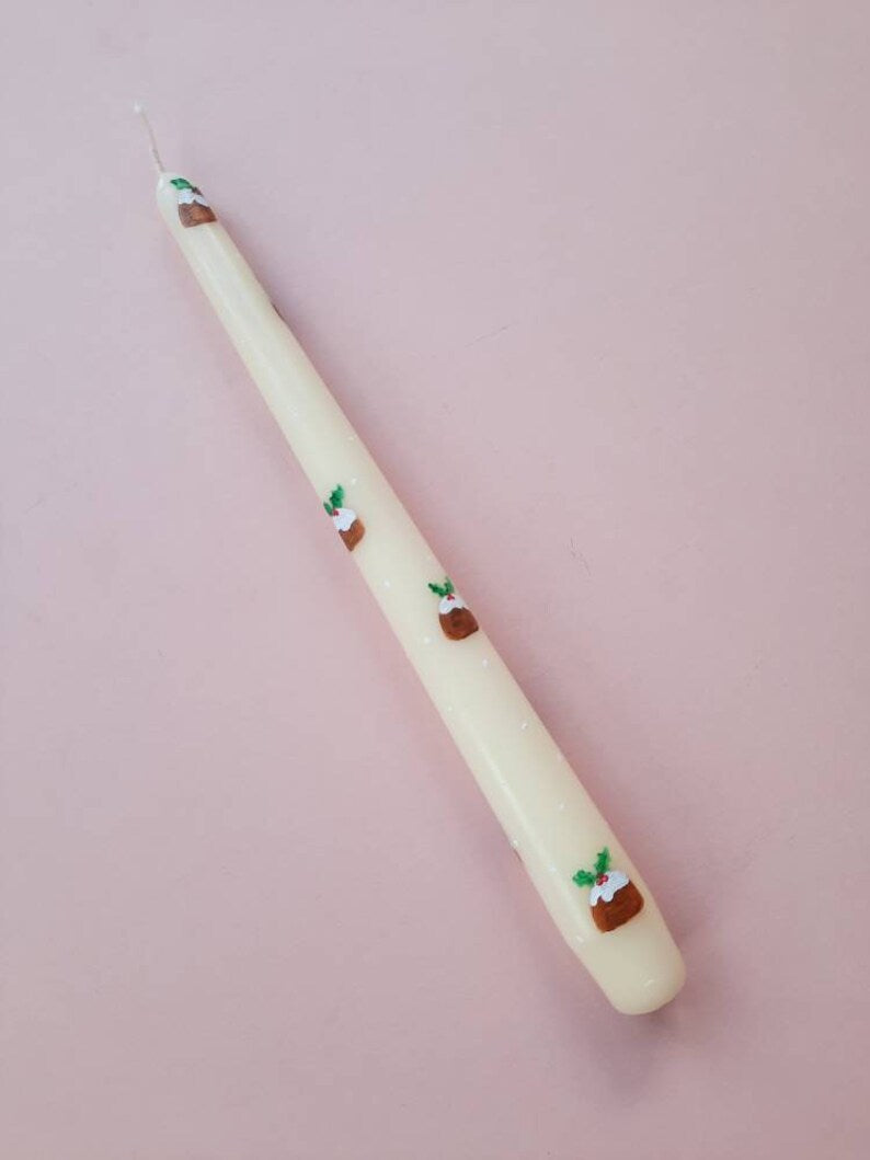 Cream Taper Dinner Candle with Hand Painted Christmas Pudding and Holly Design