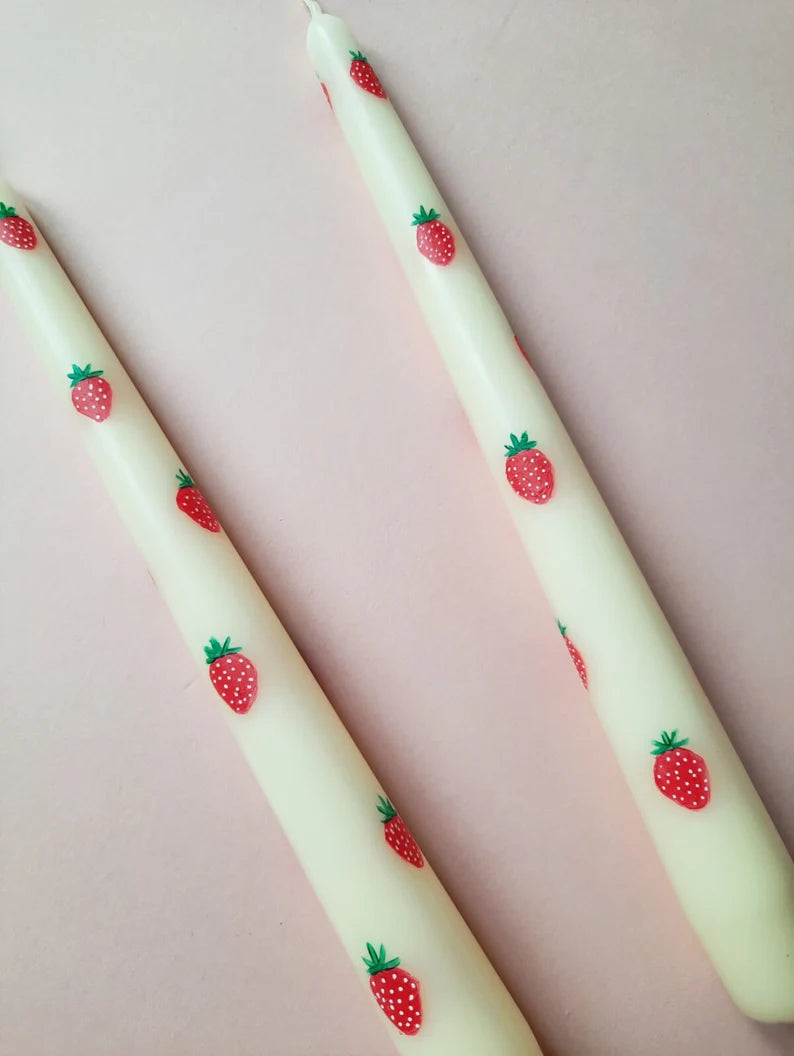 Hand Painted Strawberry Taper Dinner Candle